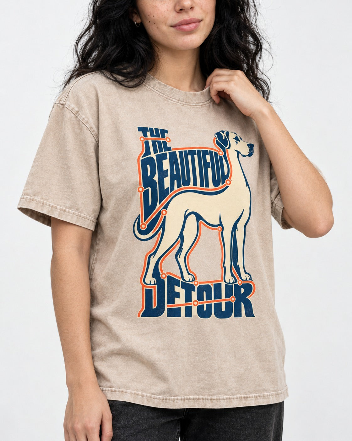 Great Dane's Beautiful Detour Washed Tee in Apricot, worn by a model, front view