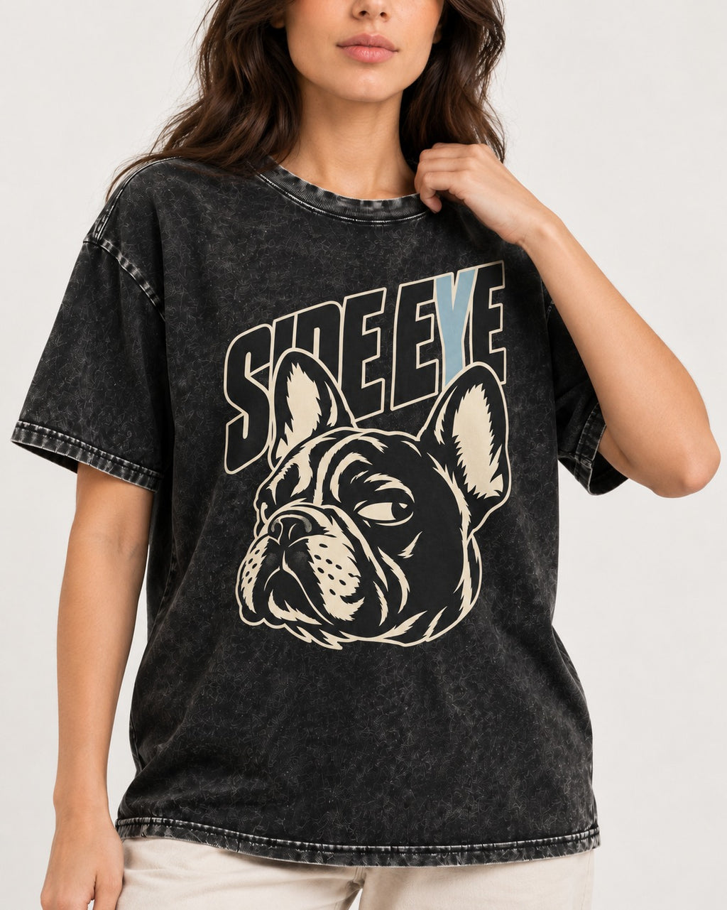 Frenchie Side Eye Portrait Graphic Washed Tee in Black, worn by a model, front view