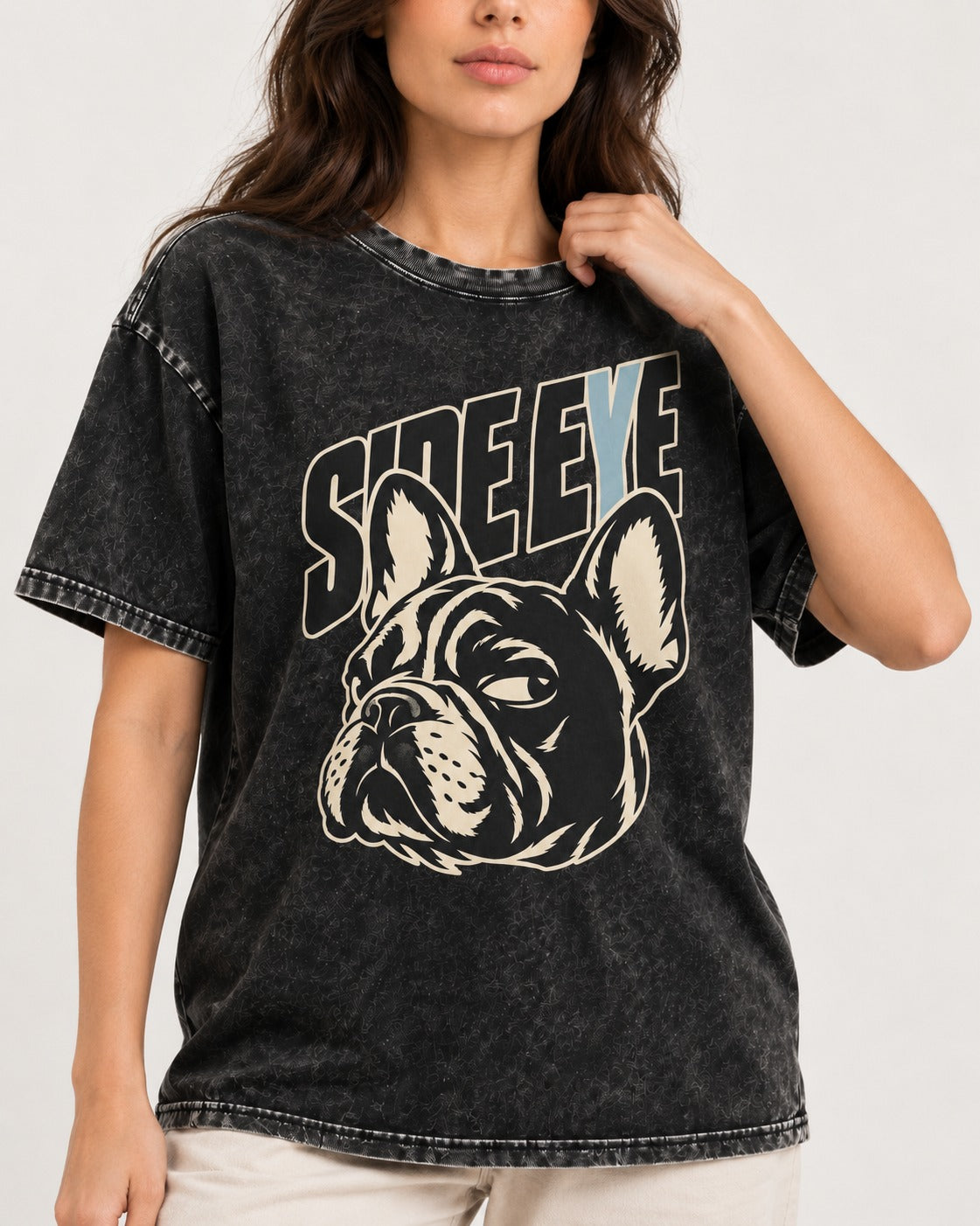 Frenchie Side Eye Portrait Graphic Washed Tee in Black, worn by a model, front view