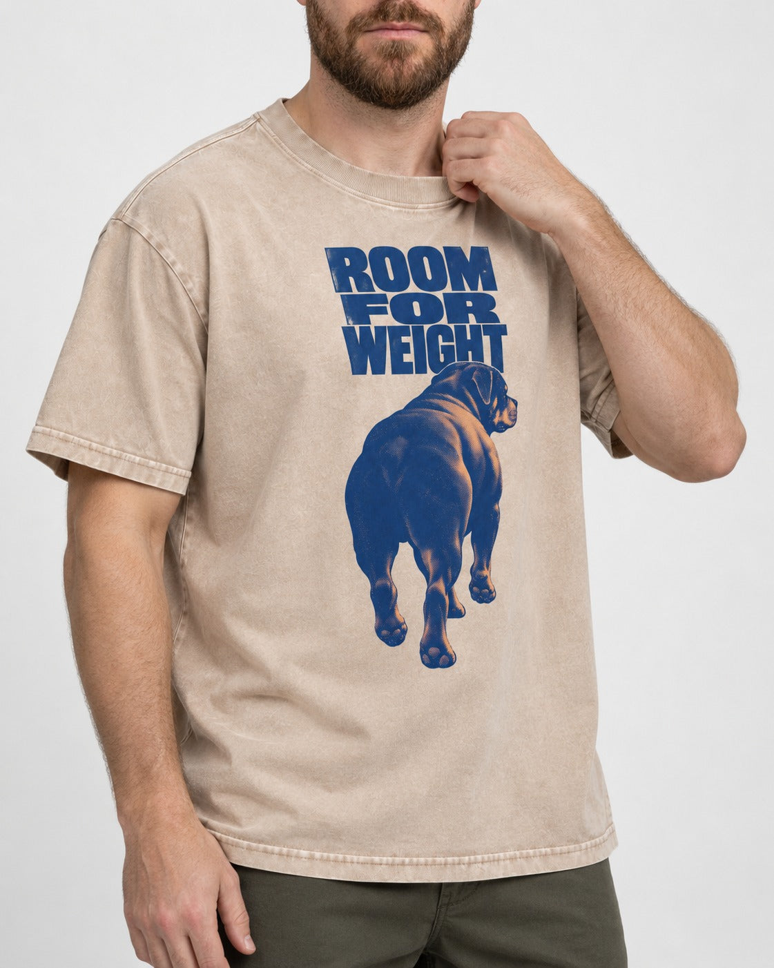 Room for Weight Rottweiler Washed Tee in Apricot, worn by a model, front view