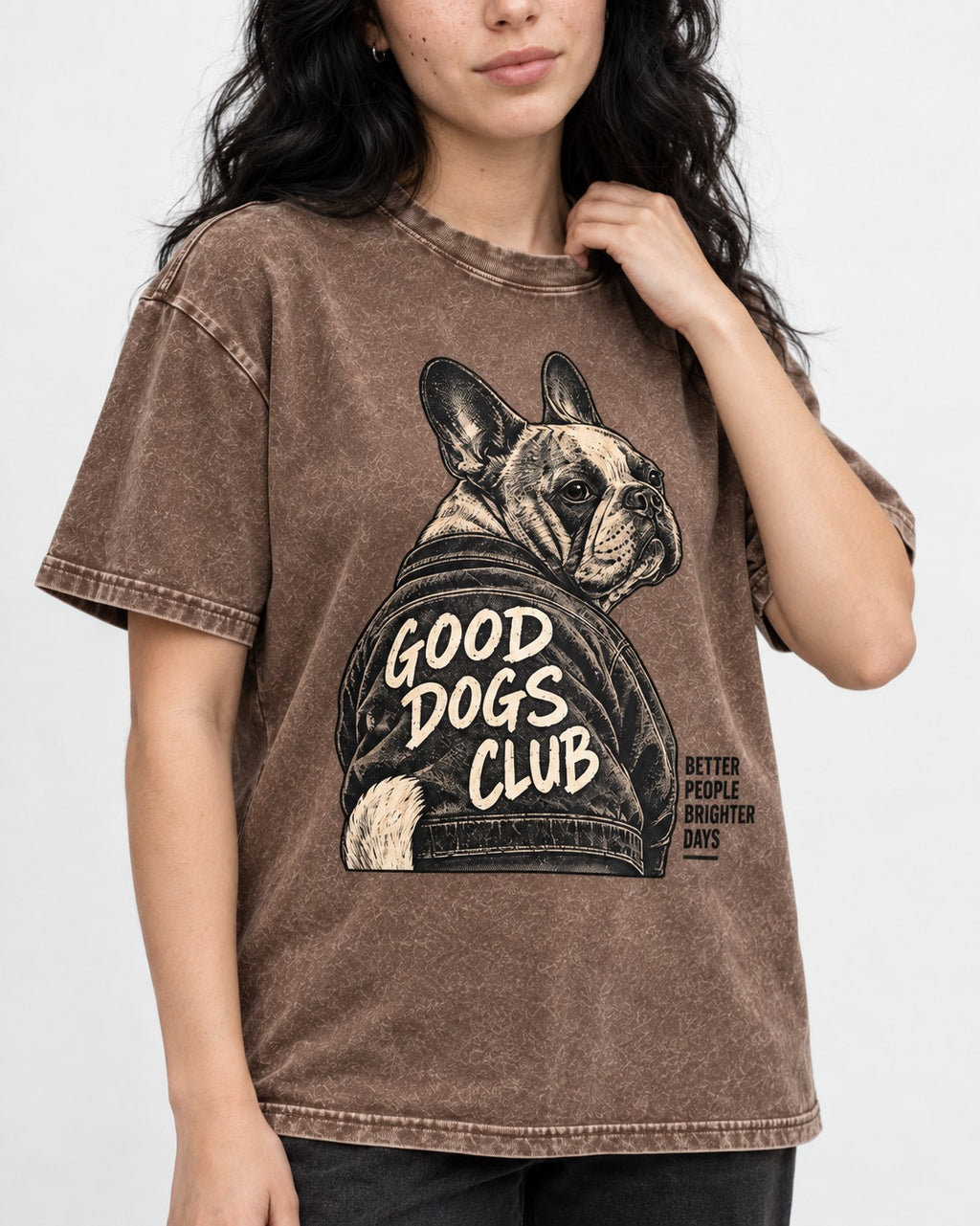 Good Frenchie Club Washed Tee in Coffee, worn by a model, front view
