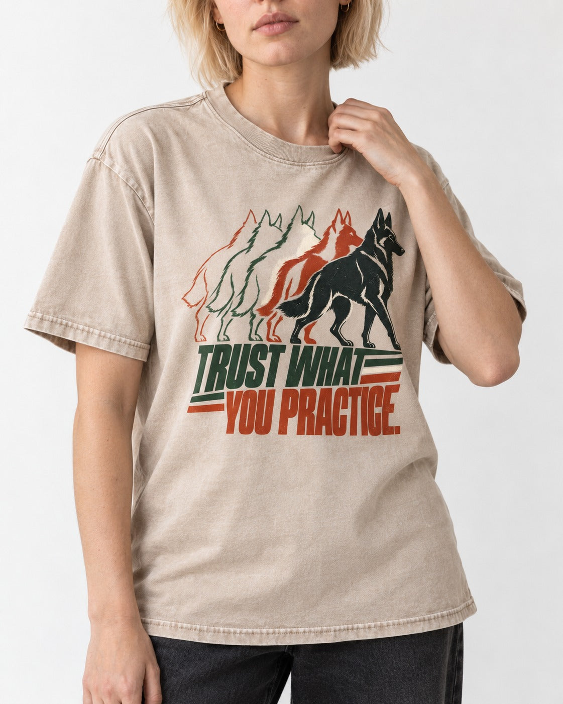 Trust What You Practice German Shepherd Dog Washed Tee in Apricot, worn by a model, front view