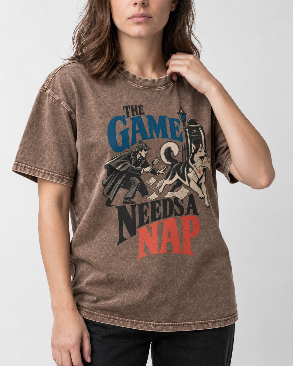 Husky Needs a Nap Washed Tee in Coffee, worn by a model, front view
