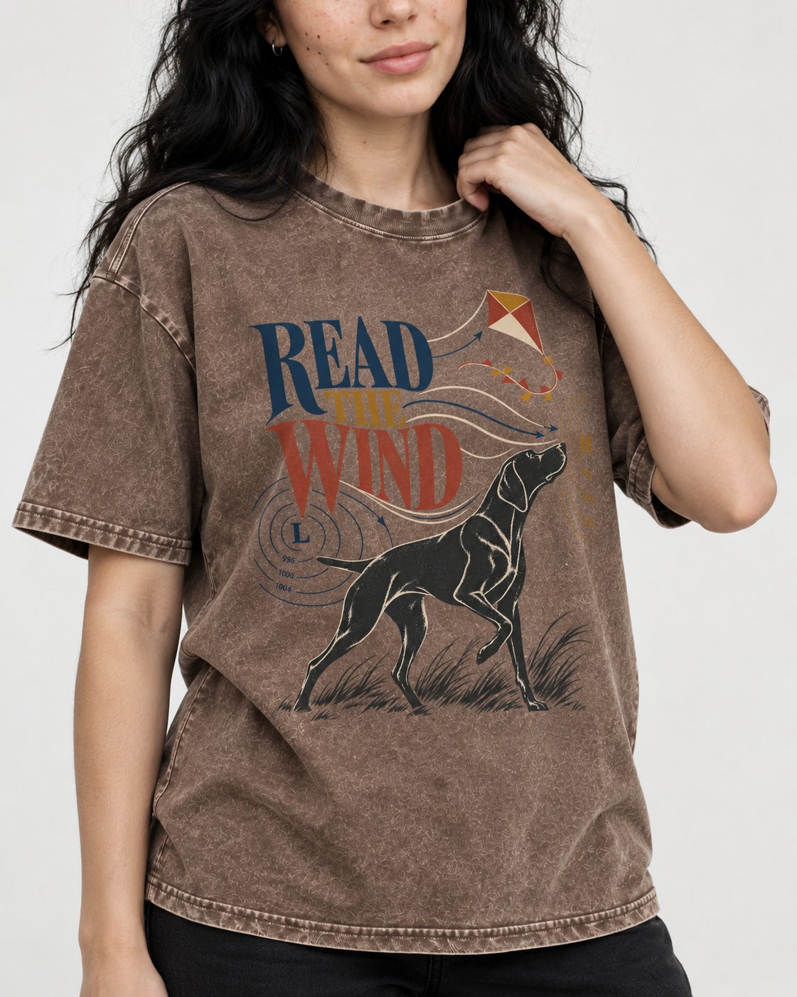 Read the Wind German Shorthaired Pointer Washed Tee in Coffee, worn by a model, front view