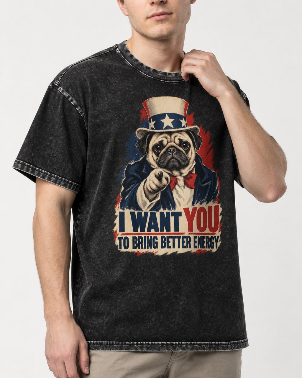 Pug I Want You to Bring Better Energy Uncle Sam Graphic Washed Tee in Black, worn by a model, front view