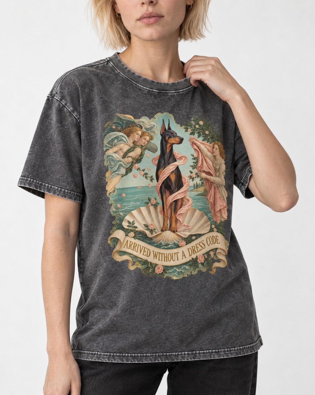 Doberman Arrived Without a Dress Code Renaissance Graphic Washed Tee in Gray, worn by a model, front view