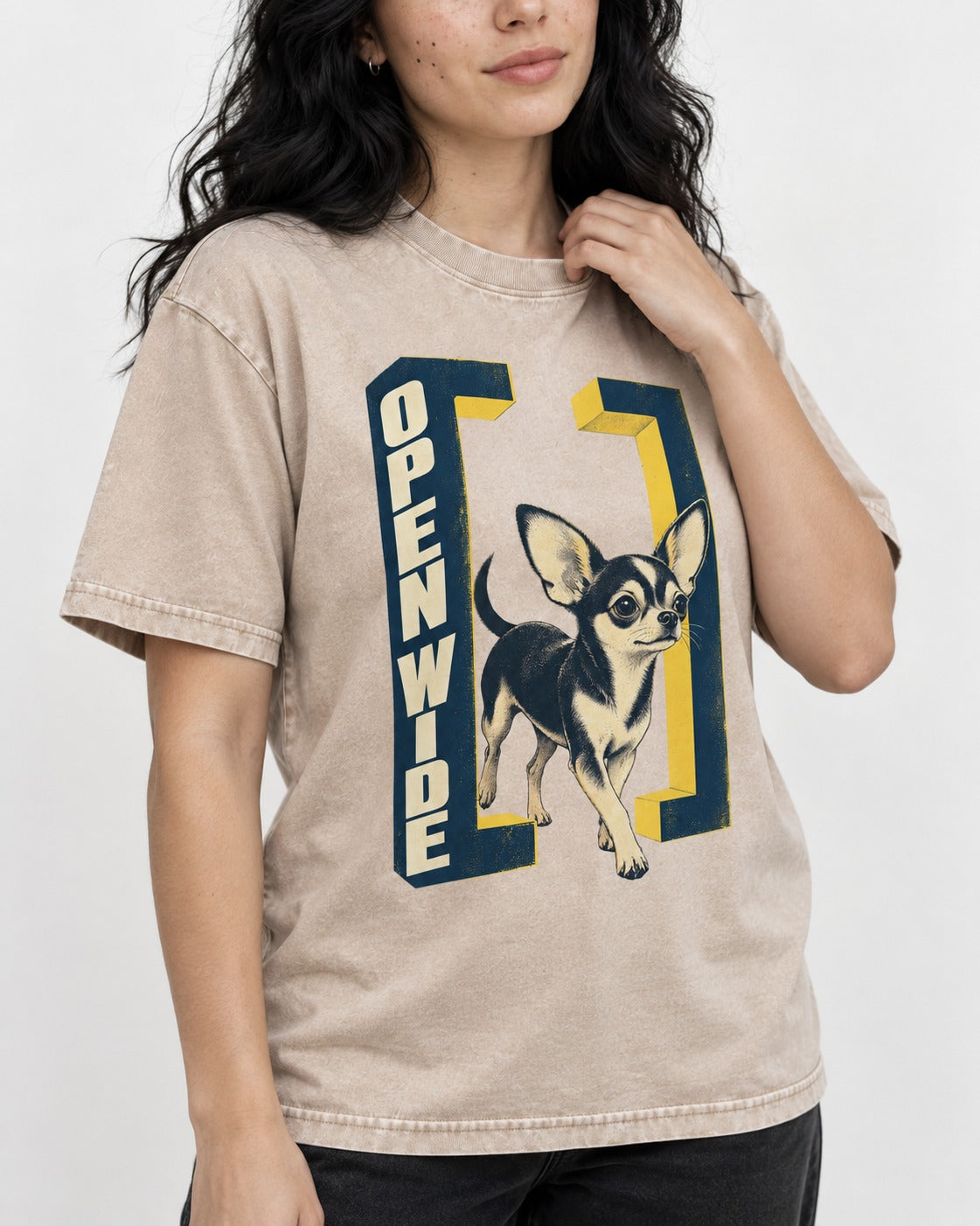 Open Wide Chihuahua Washed Tee in Apricot, worn by a model, front view