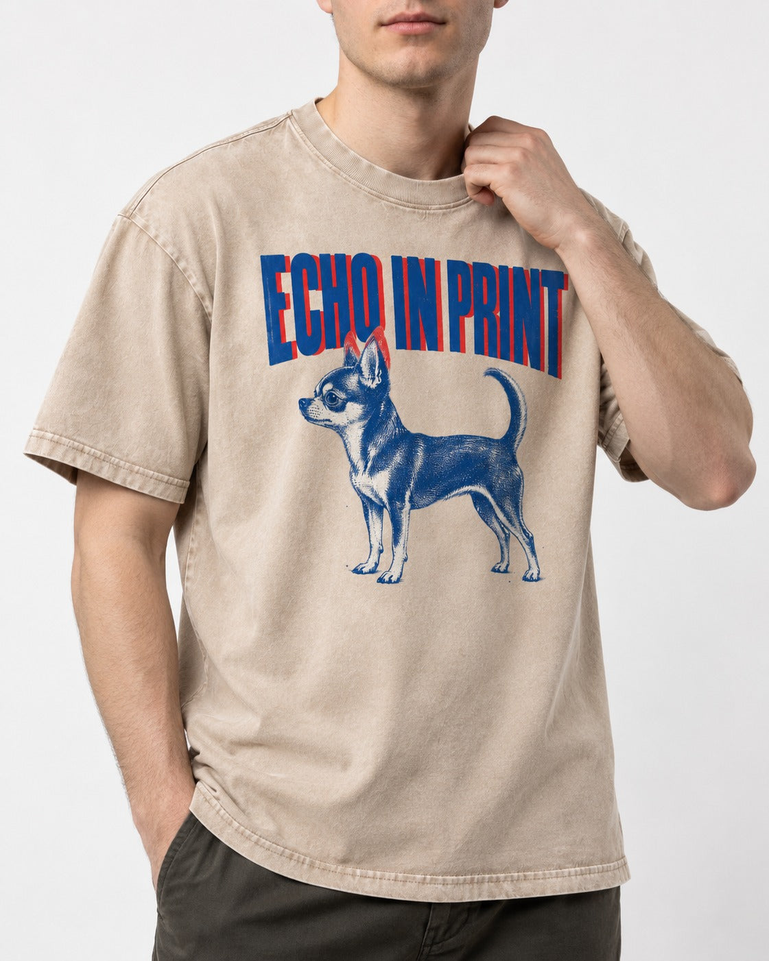 Chihuahua Echo Washed Tee in Apricot, worn by a model, front view