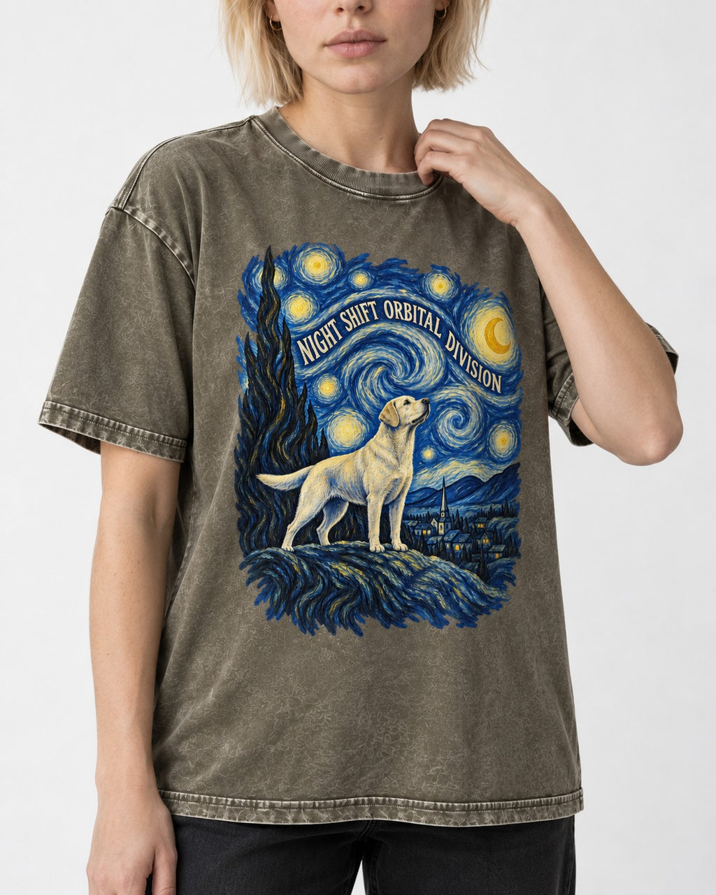 Labrador Retriever Night Shift Orbital Division Starry Night Graphic Washed Tee in Army Green, worn by a model, front view