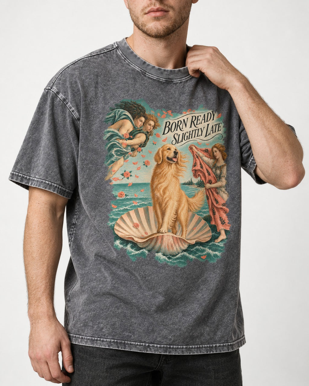 Born Ready Slightly Late Venus Golden Retriever Graphic Washed Tee in Gray, worn by a model, front view