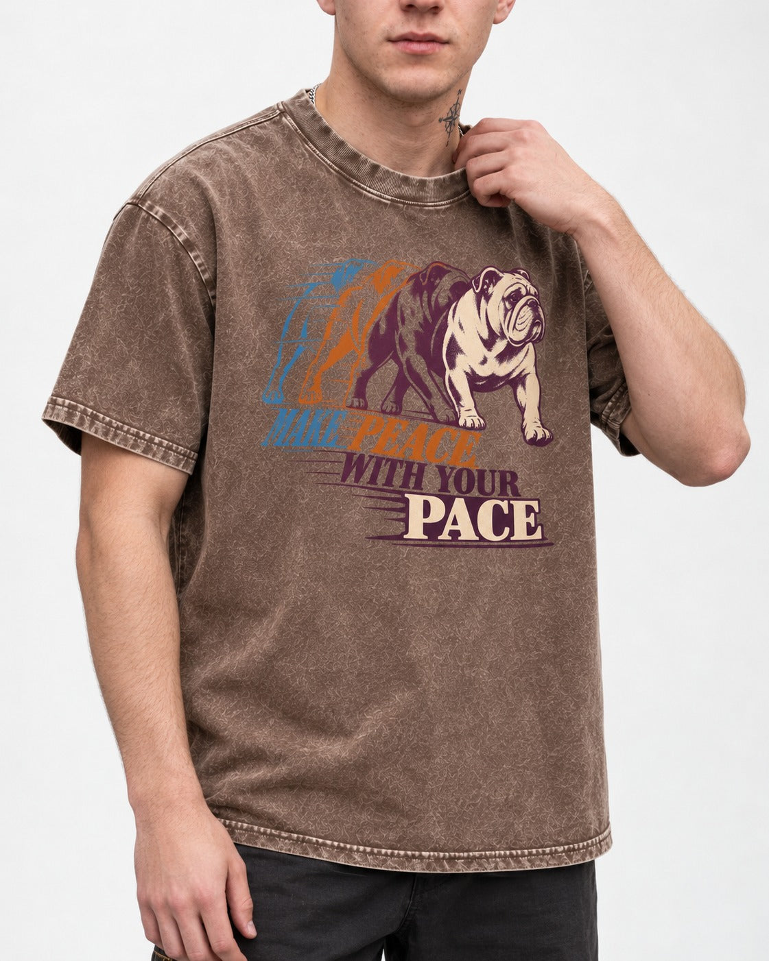 English Bulldog Peace with Your Pace Washed Tee in Coffee, worn by a model, front view