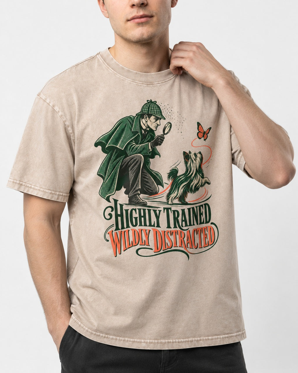 Highly Trained Wildly Distracted Yorkshire Terrier Washed Tee in Apricot, worn by a model, front view