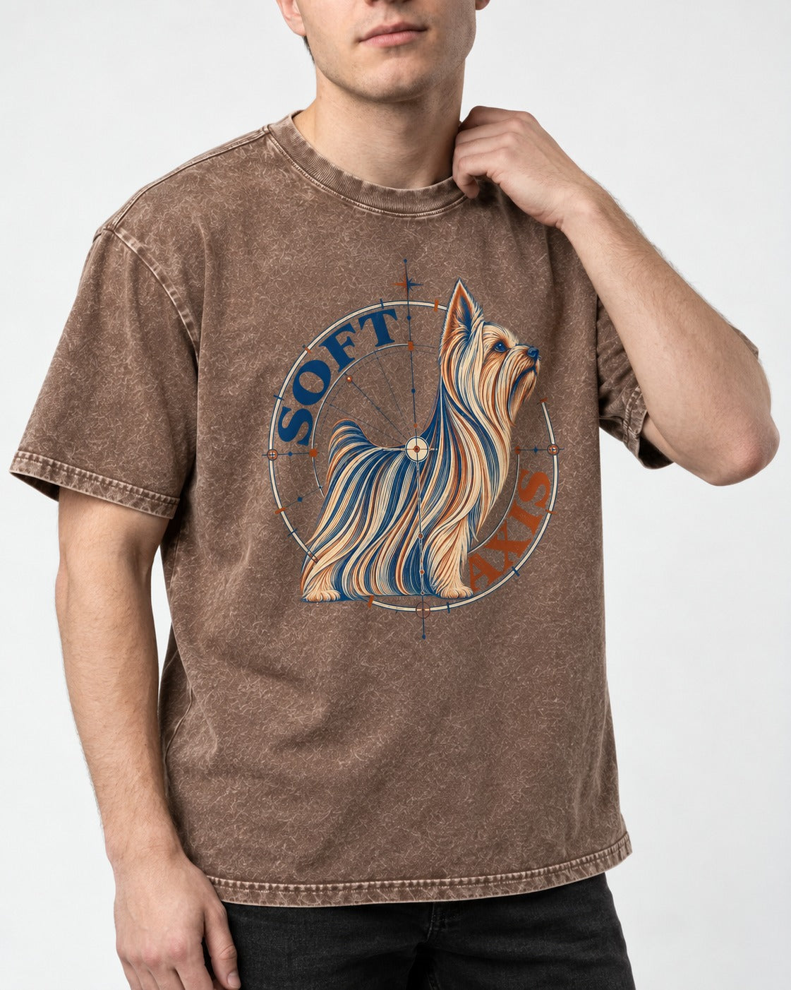 Soft Axis Yorkshire Terrier Washed Tee in Coffee, worn by a model, front view