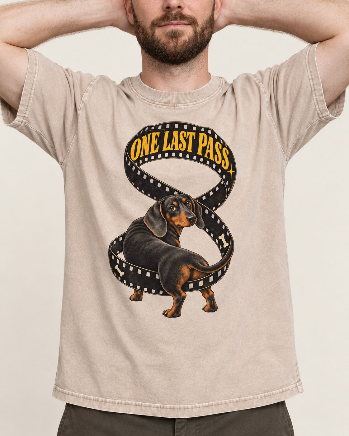 Dachshund's One Last Pass Washed Tee in Apricot, worn by a model, front view