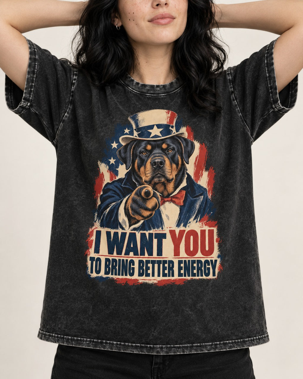 Rottweiler I Want You to Bring Better Energy Recruitment Poster Graphic Washed Tee in Black, worn by a model, front view