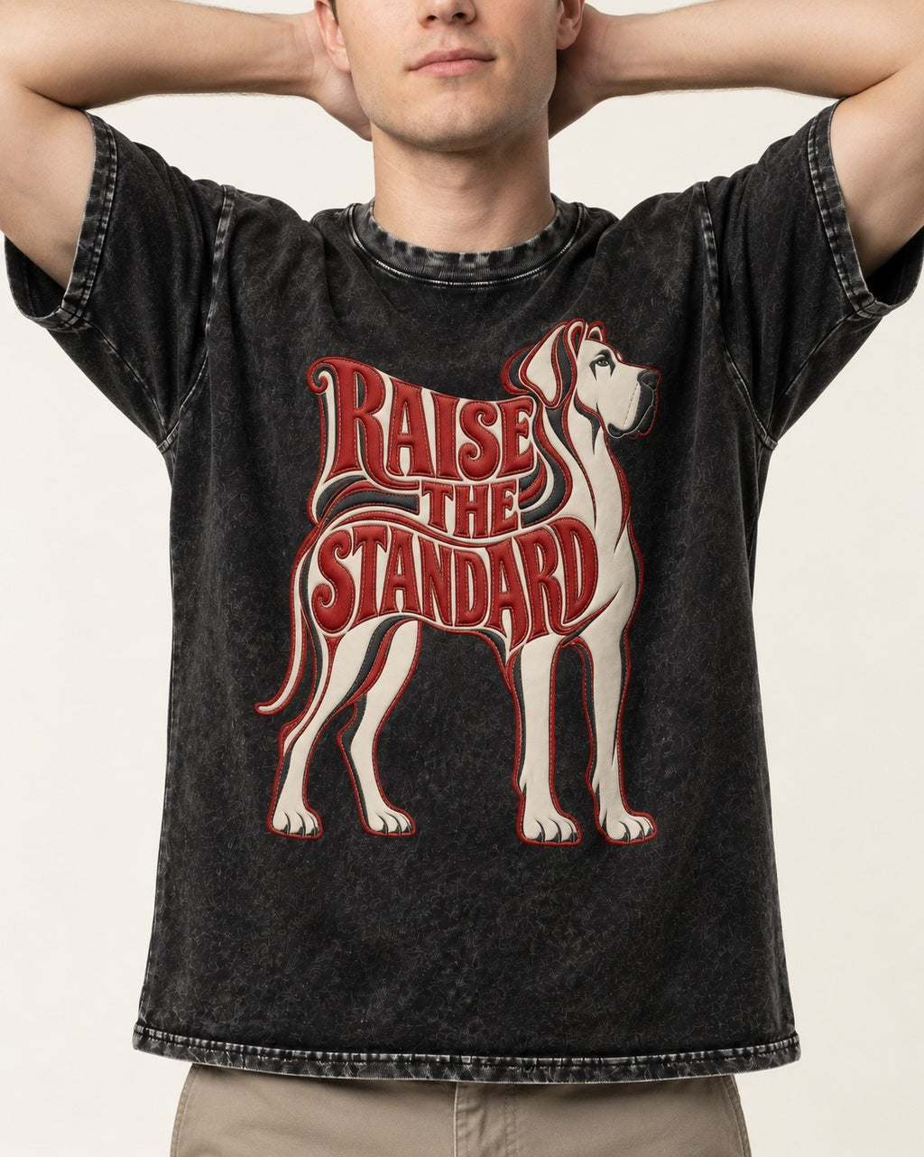 Great Dane Raise the Standard Typography Graphic Washed Tee in Black, worn by a model, front view
