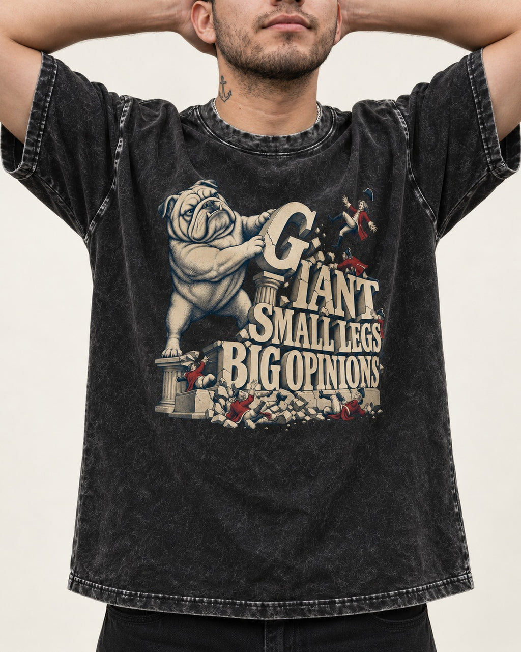 English Bulldog Giant Small Legs Big Opinions Monument Graphic Washed Tee in Black, worn by a model, front view