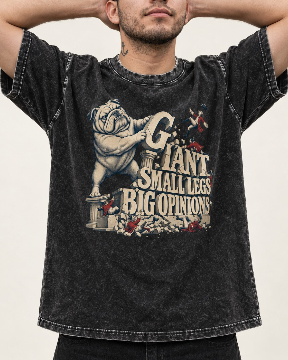 English Bulldog Giant Small Legs Big Opinions Monument Graphic Washed Tee in Black, worn by a model, front view