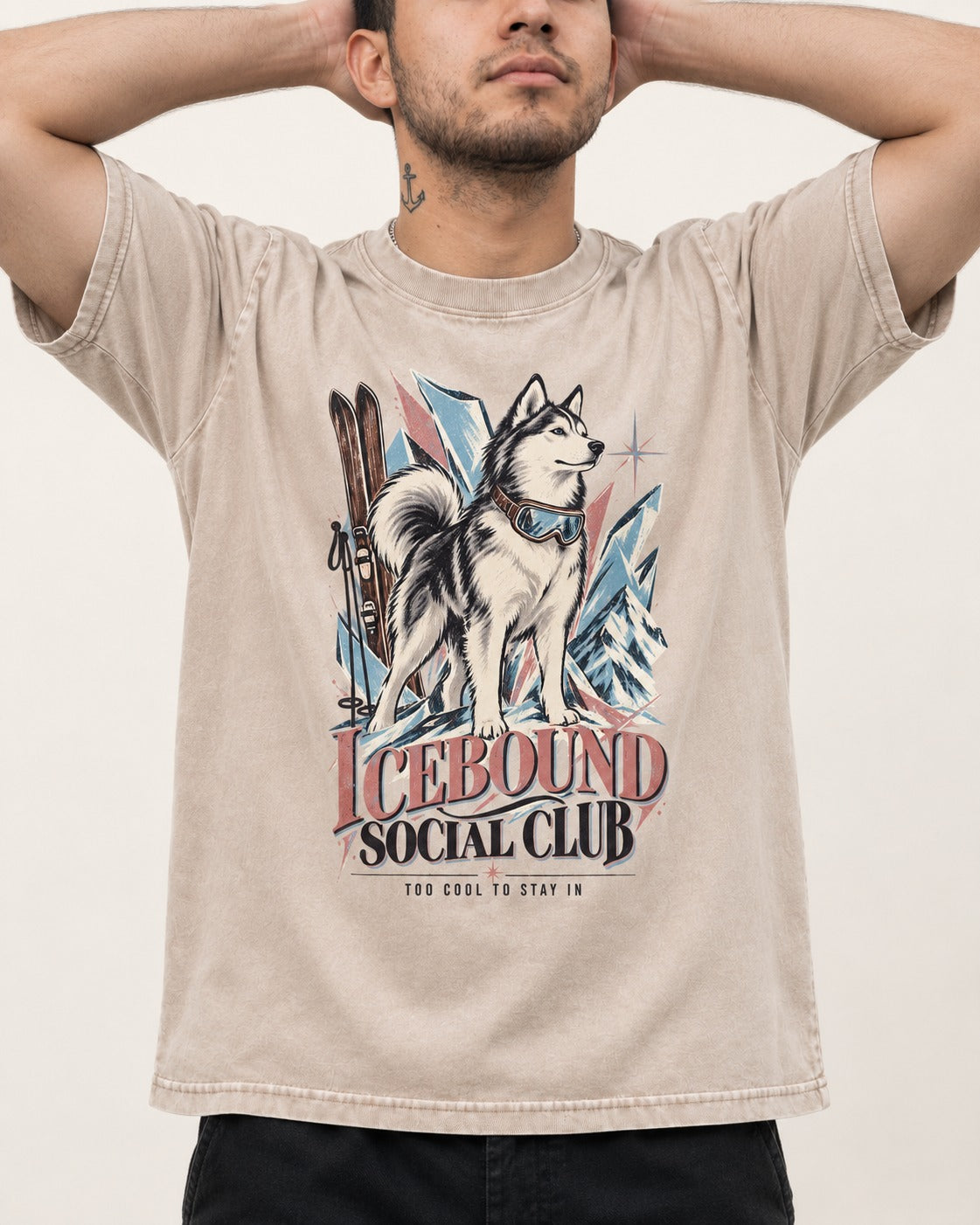 Icebound Husky Washed Tee in Apricot, worn by a model, front view