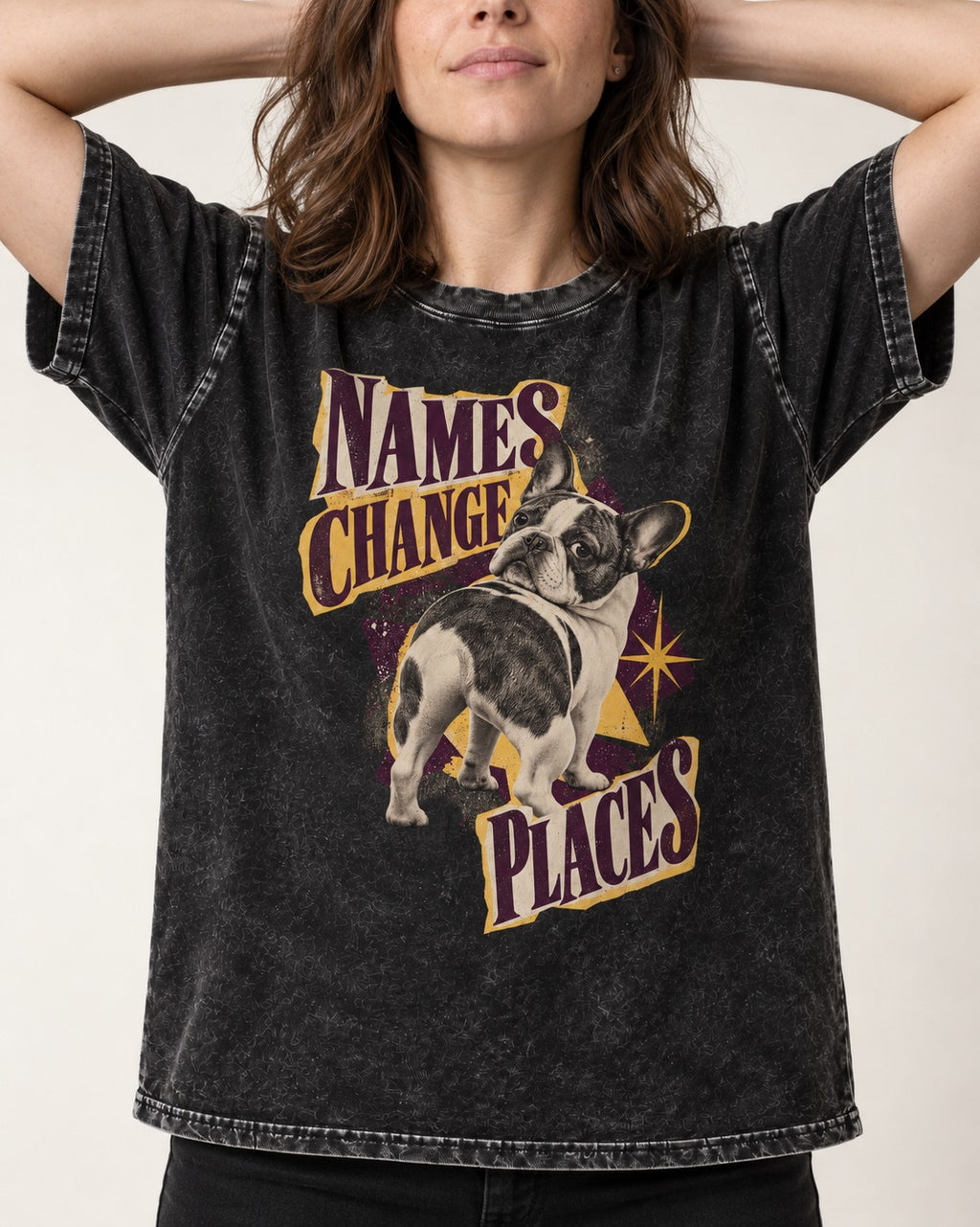Frenchie Names Change Places Purple Poster Graphic Washed Tee in Black, worn by a model, front view