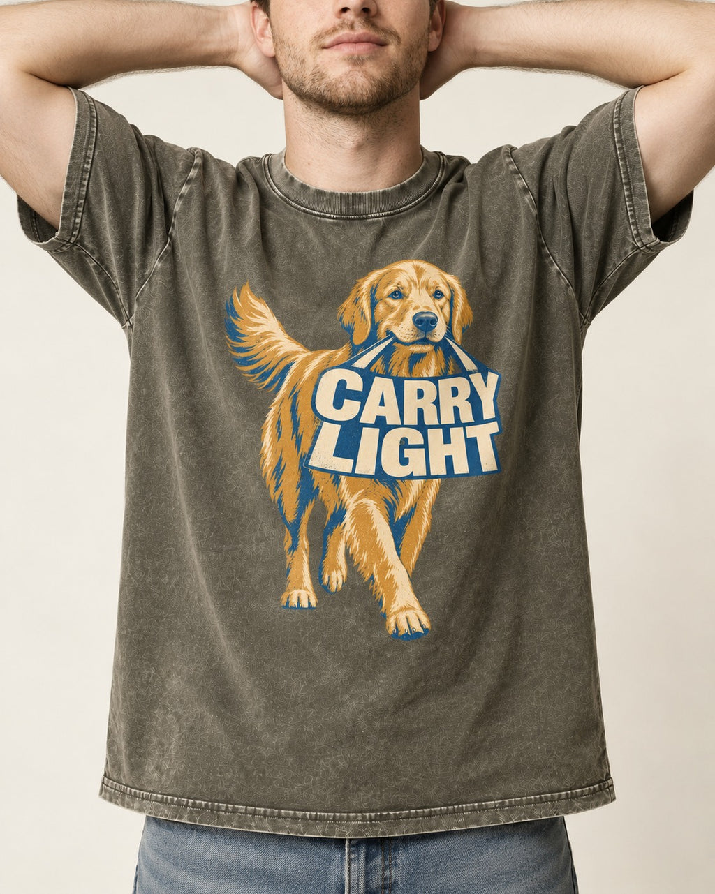 Golden Retriever Carry Light Sign Graphic Washed Tee in Army Green, worn by a model, front view