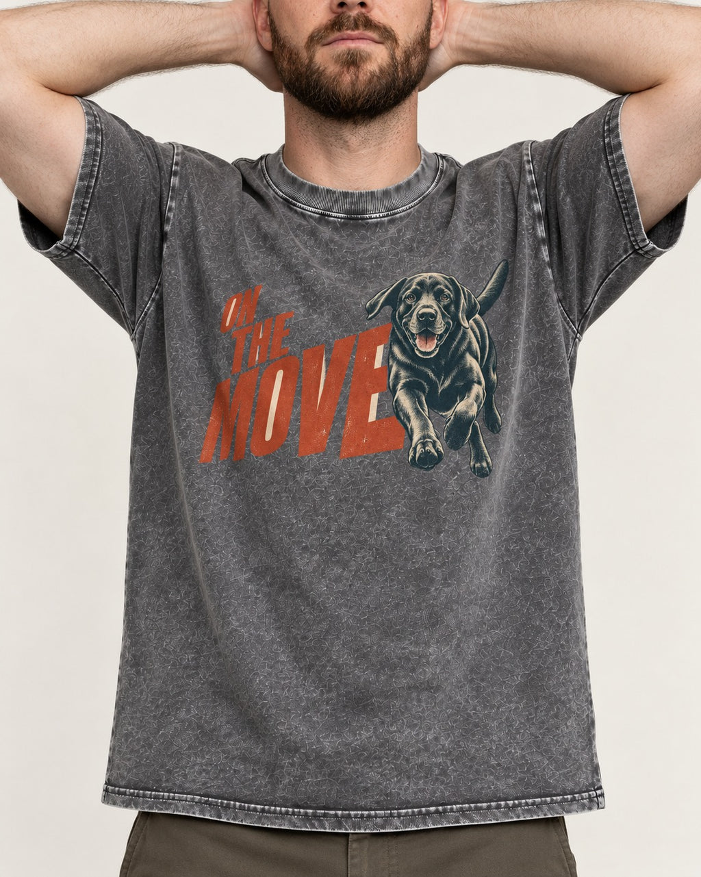 Labrador Retriever On the Move Running Graphic Washed Tee in Gray, worn by a model, front view