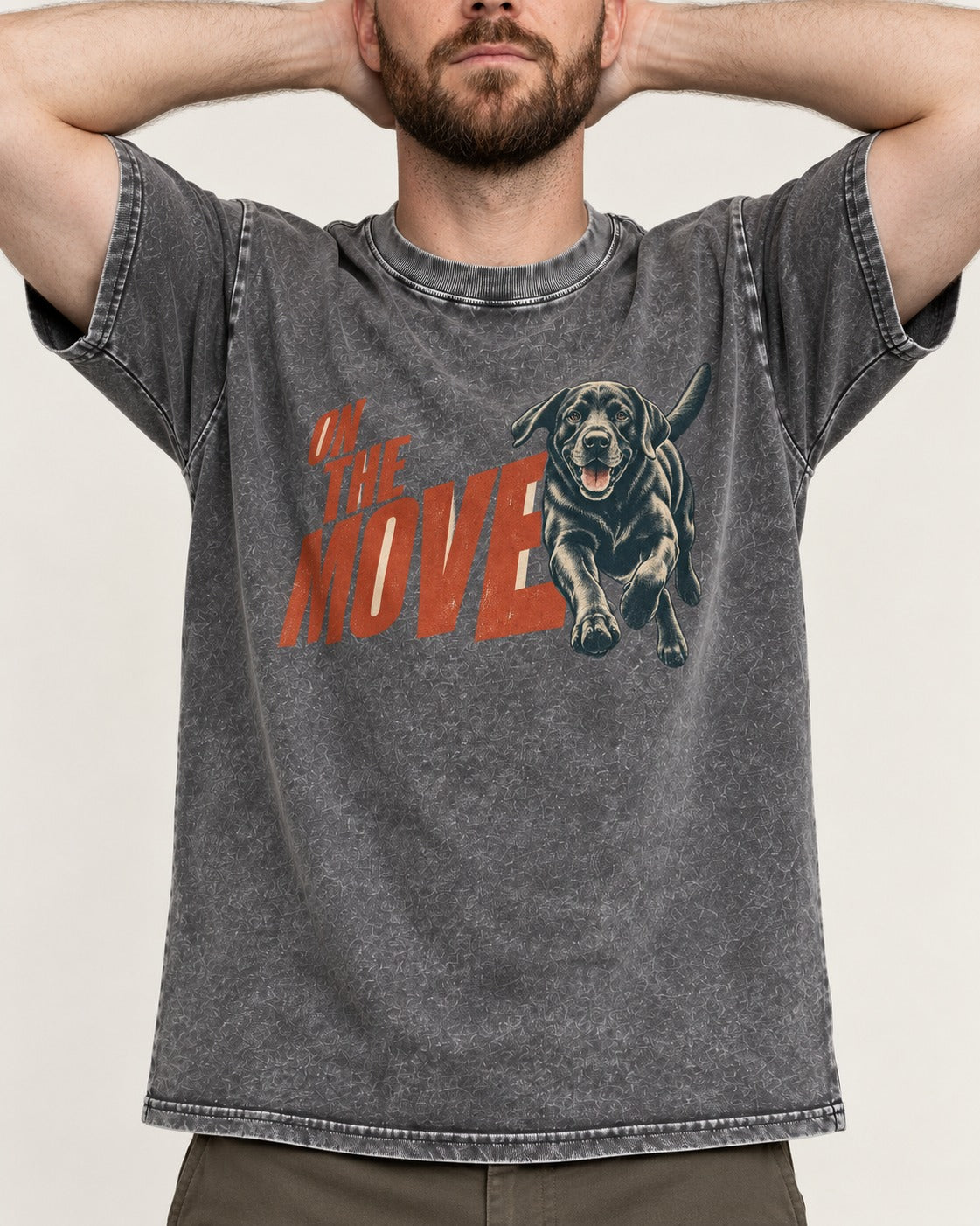 Labrador Retriever On the Move Running Graphic Washed Tee in Gray, worn by a model, front view