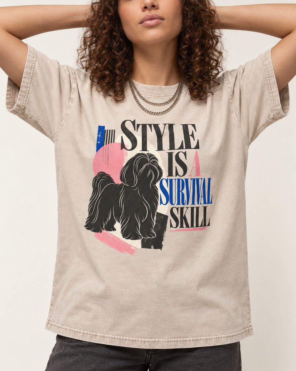 Shih Tzu Survival Skill Washed Tee in Apricot, worn by a model, front view