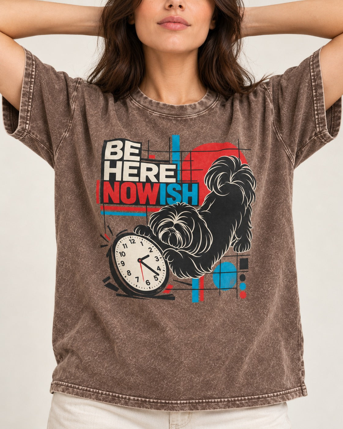 Be Here Nowish Shih Tzu Washed Tee in Coffee, worn by a model, front view