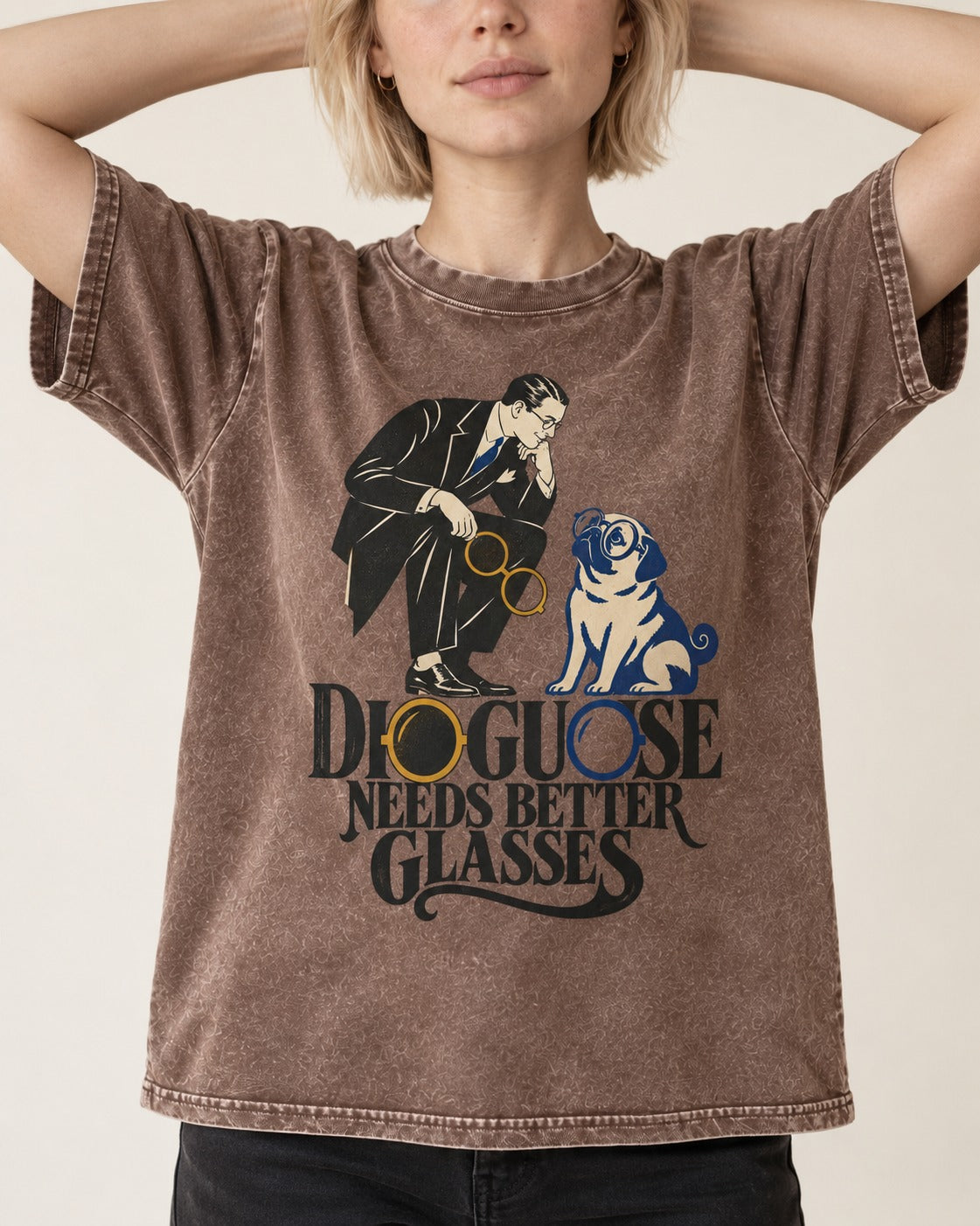 Pug Needs Better Glasses Washed Tee in Coffee, worn by a model, front view