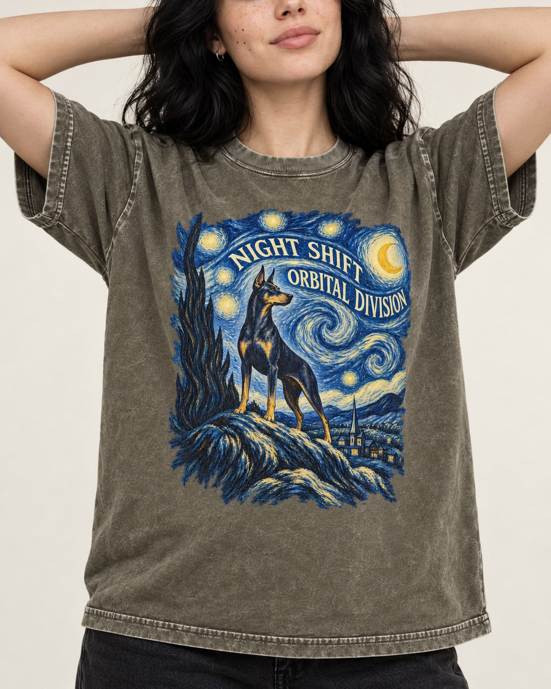 Doberman Night Shift Orbital Division Starry Night Graphic Washed Tee in Army Green, worn by a model, front view