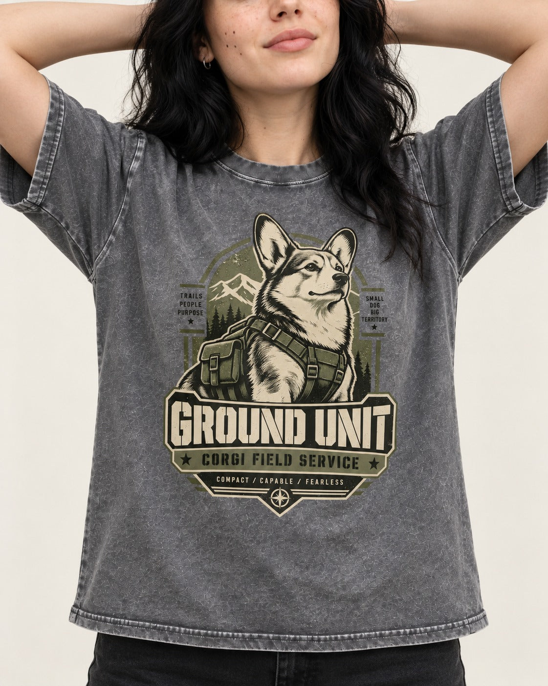 Corgi Ground Unit Field Service Badge Washed Tee in Gray, worn by a model, front view
