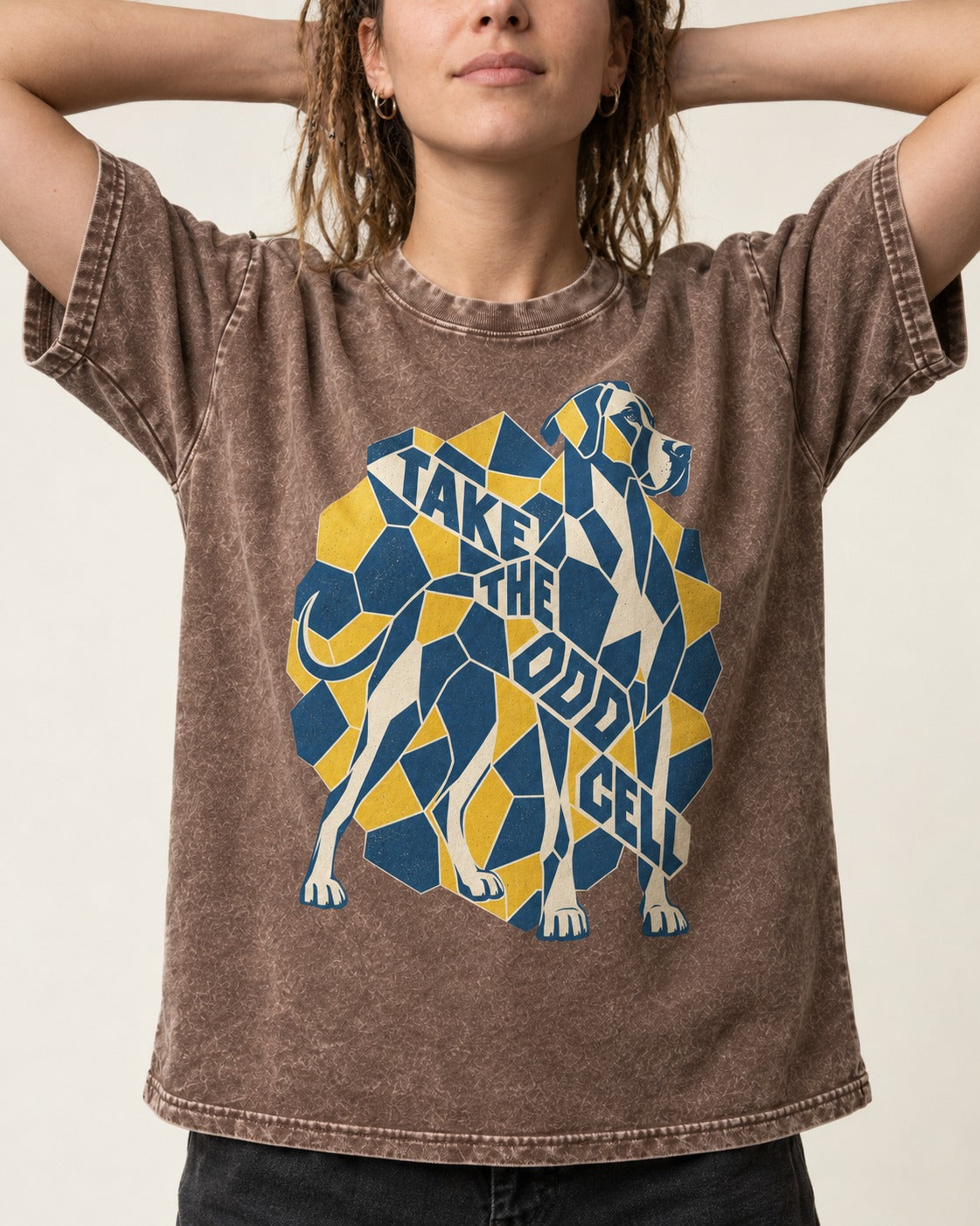 Take the Odd Cell Great Dane Washed Tee in Coffee, worn by a model, front view