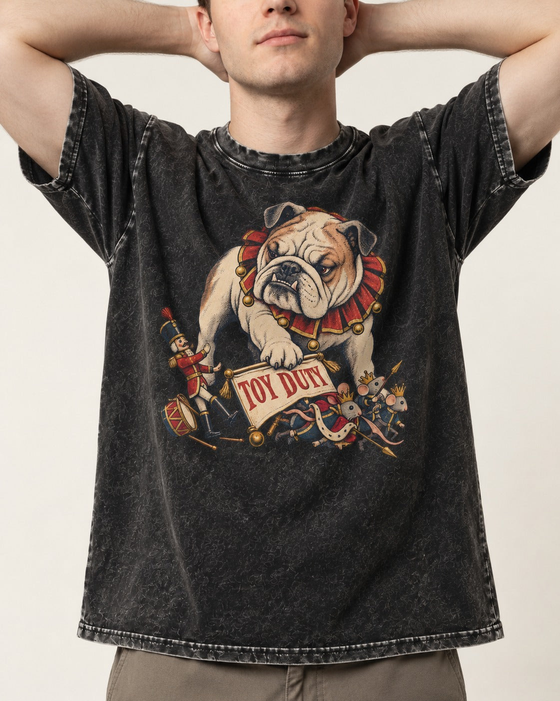 English Bulldog Toy Duty Nutcracker Mice Washed Tee in Black, worn by a model, front view