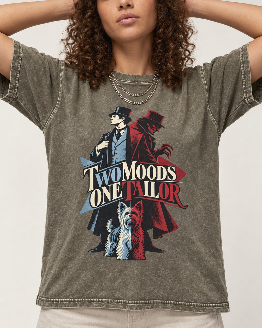 Yorkshire Terrier Two Moods One Tailor Split Persona Graphic Washed Tee in Army Green, worn by a model, front view
