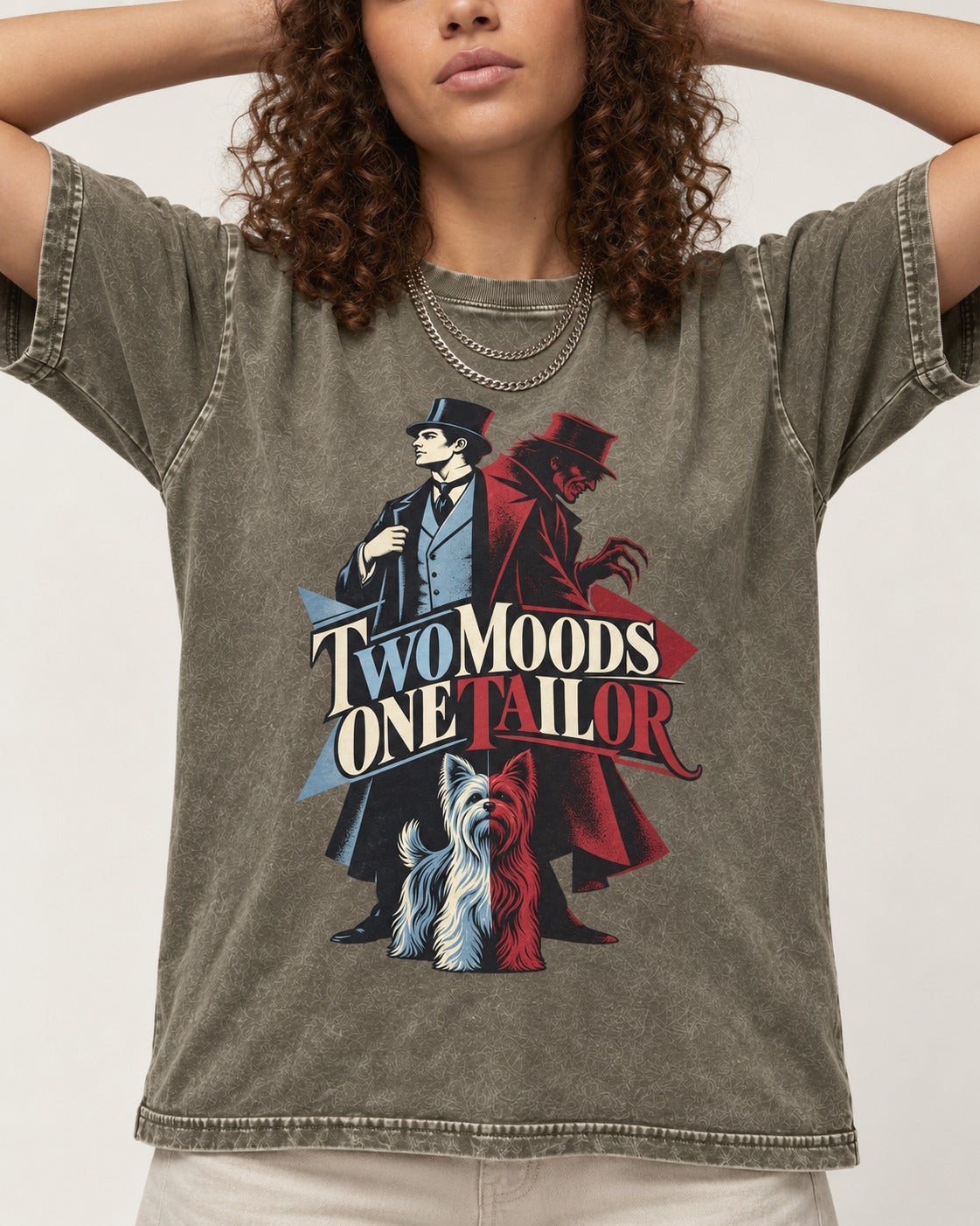 Yorkshire Terrier Two Moods One Tailor Split Persona Graphic Washed Tee in Army Green, worn by a model, front view