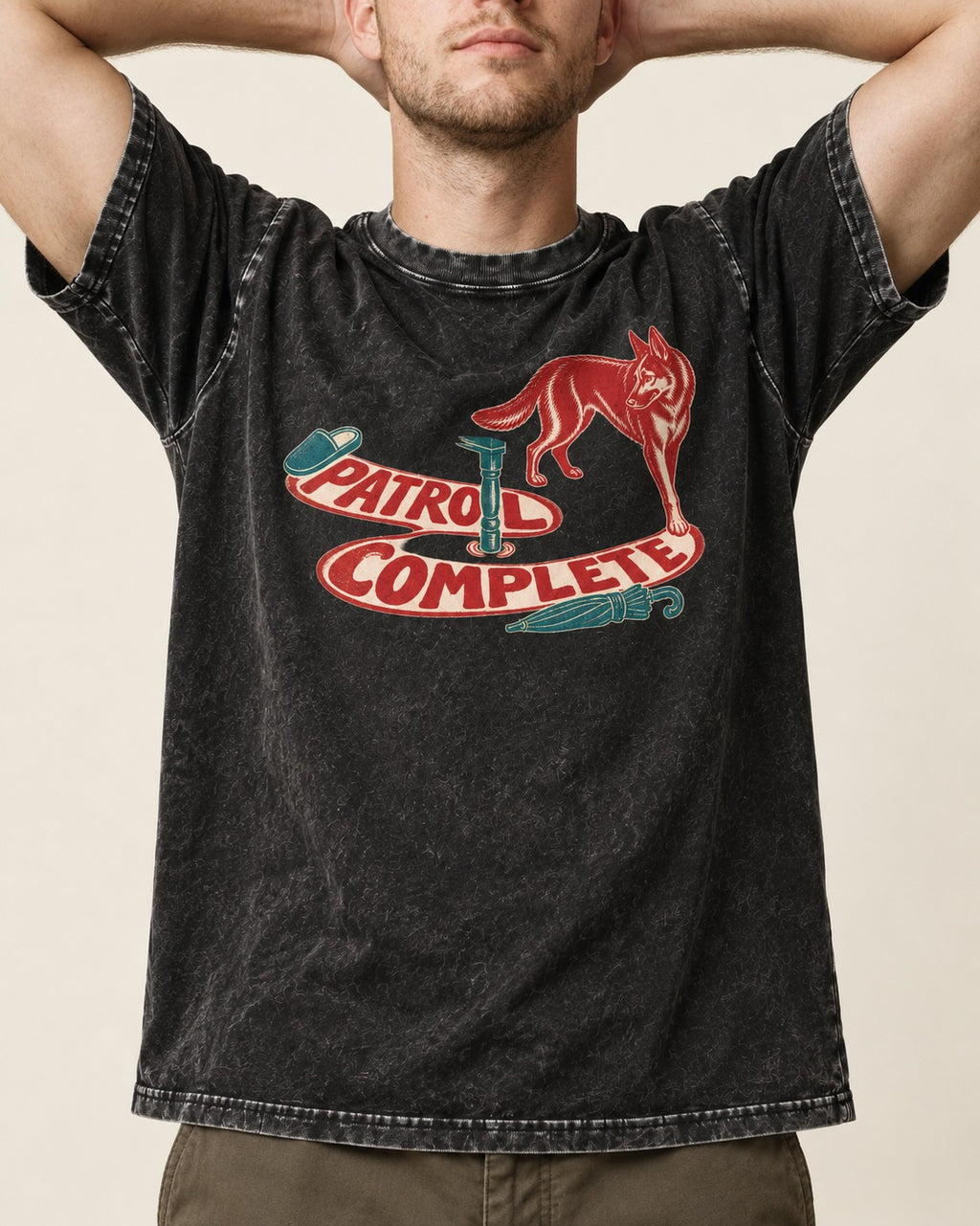 German Shepherd Dog Patrol Complete Umbrella Graphic Washed Tee in Black, worn by a model, front view