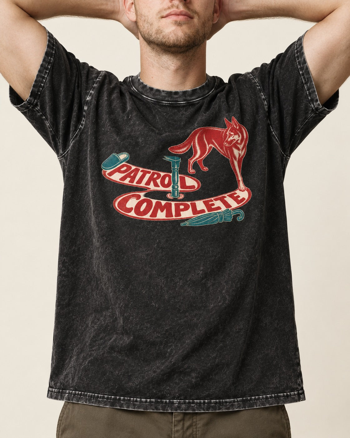 German Shepherd Dog Patrol Complete Umbrella Graphic Washed Tee in Black, worn by a model, front view