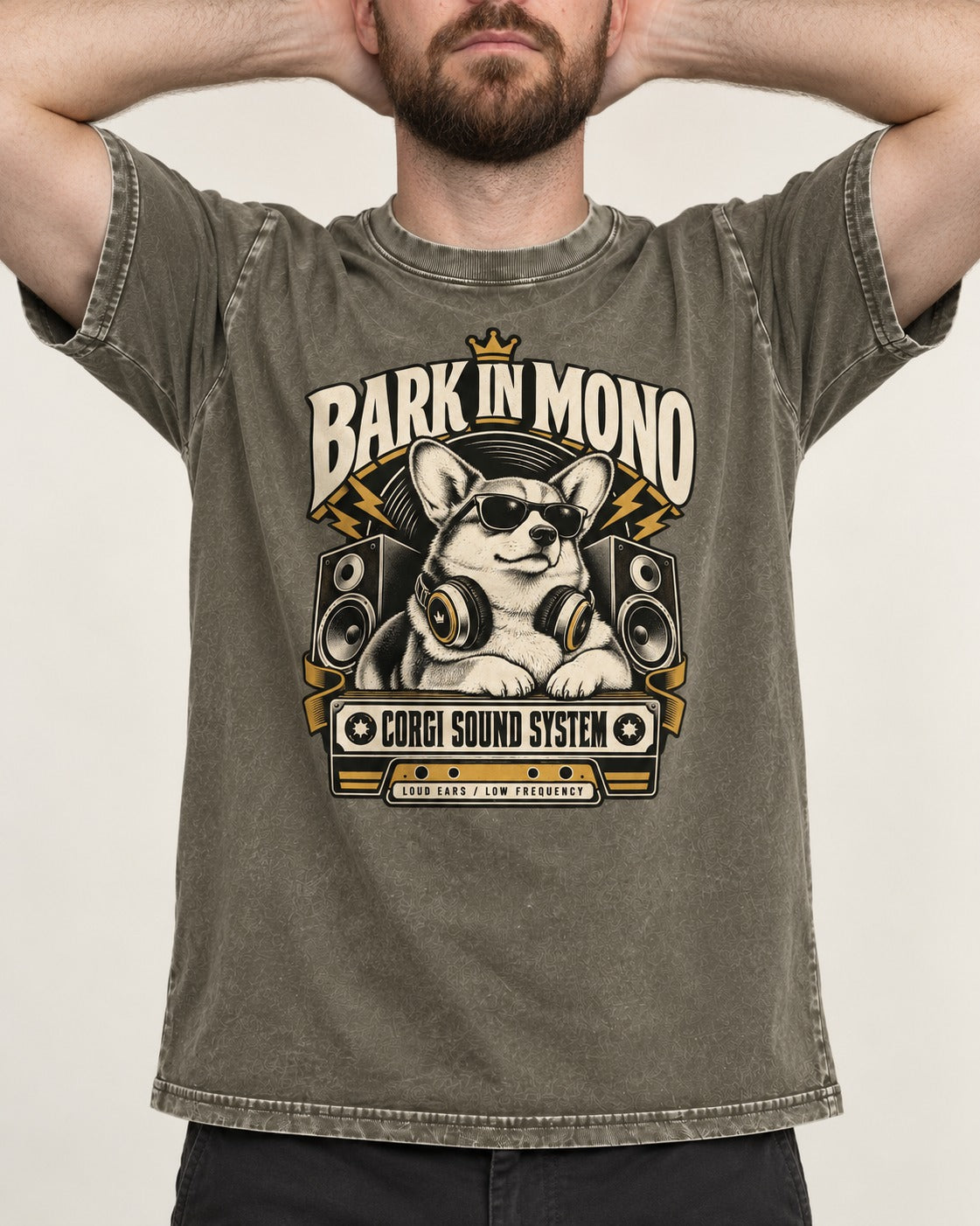 Corgi Bark in Mono Sound System Washed Tee in Army Green, worn by a model, front view