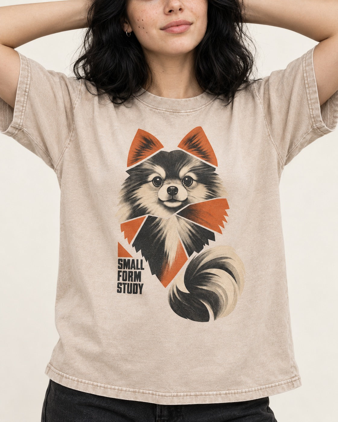 Pomeranian Small Form Study Washed Tee in Apricot, worn by a model, front view