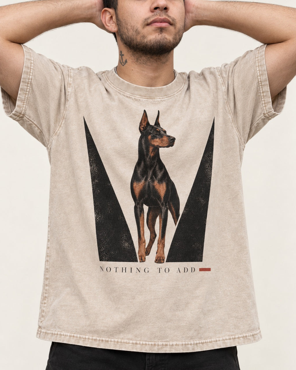 Doberman Nothing to Add Washed Tee in Apricot, worn by a model, front view