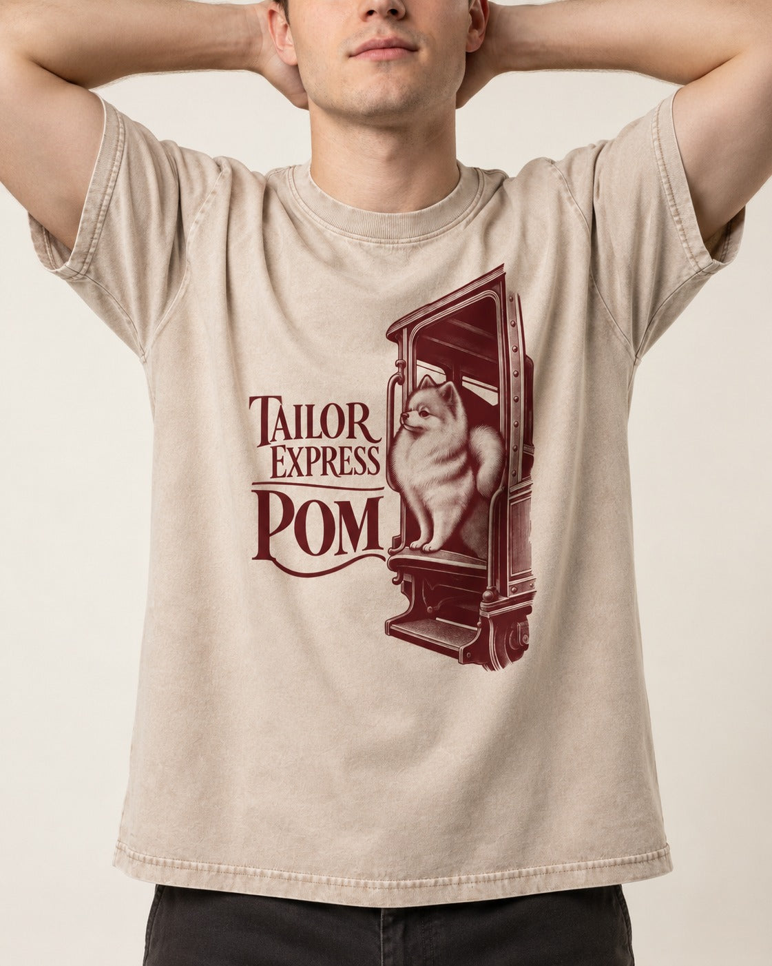 Pomeranian Express Washed Tee in Apricot, worn by a model, front view