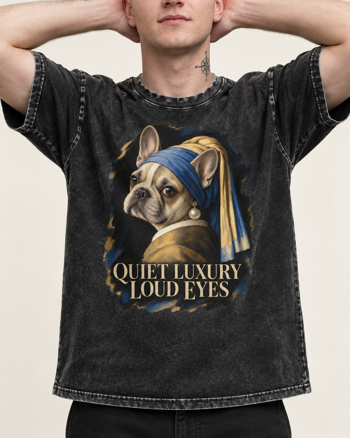 Frenchie Quiet Luxury Loud Eyes Pearl Portrait Graphic Washed Tee in Black, worn by a model, front view