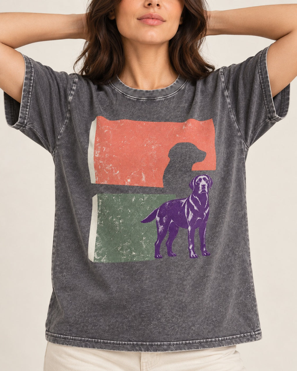 Labrador Retriever Field Test Brutalist Panels Graphic Washed Tee in Gray, worn by a model, front view