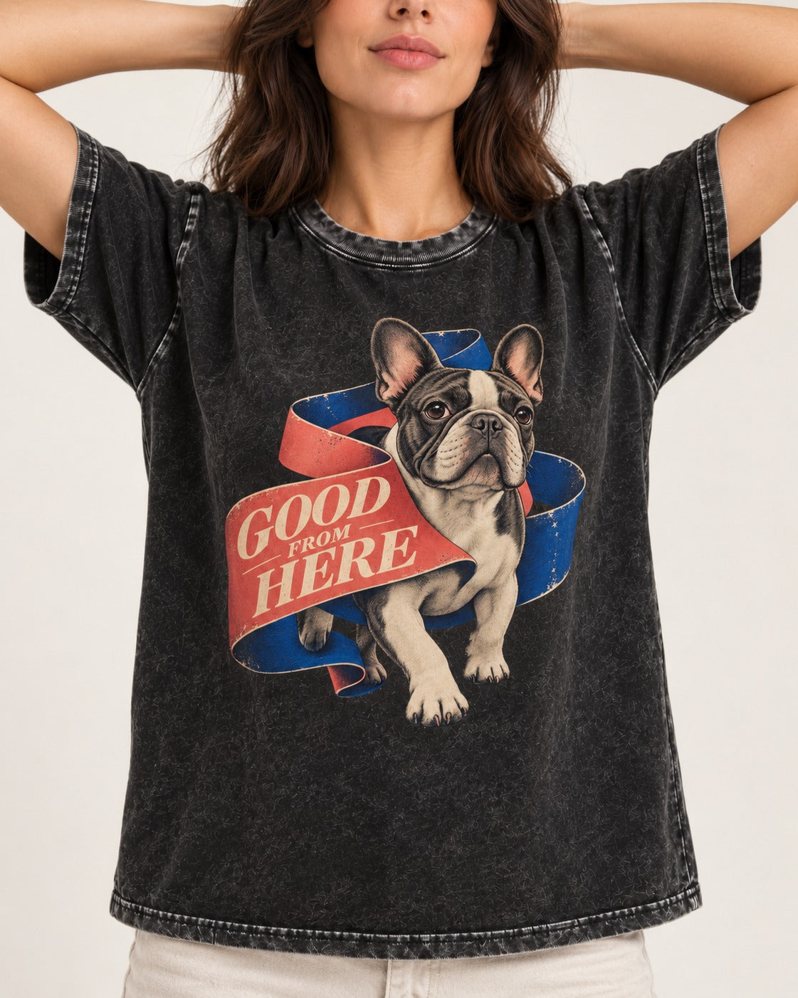 Frenchie Good From Here Ribbon Graphic Washed Tee in Black, worn by a model, front view