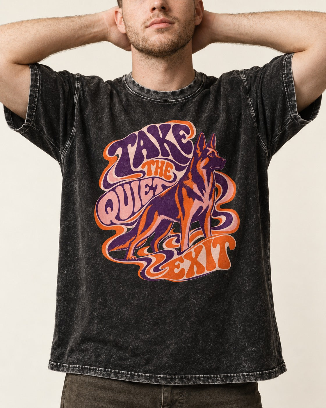 Take The Quiet Exit Psychedelic German Shepherd Dog Graphic Washed Tee in Black, worn by a model, front view