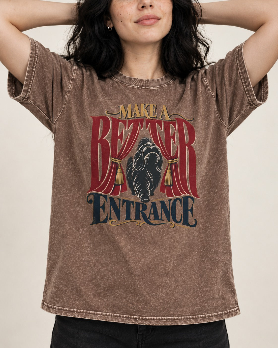 A Better Shih Tzu Entrance Washed Tee in Coffee, worn by a model, front view