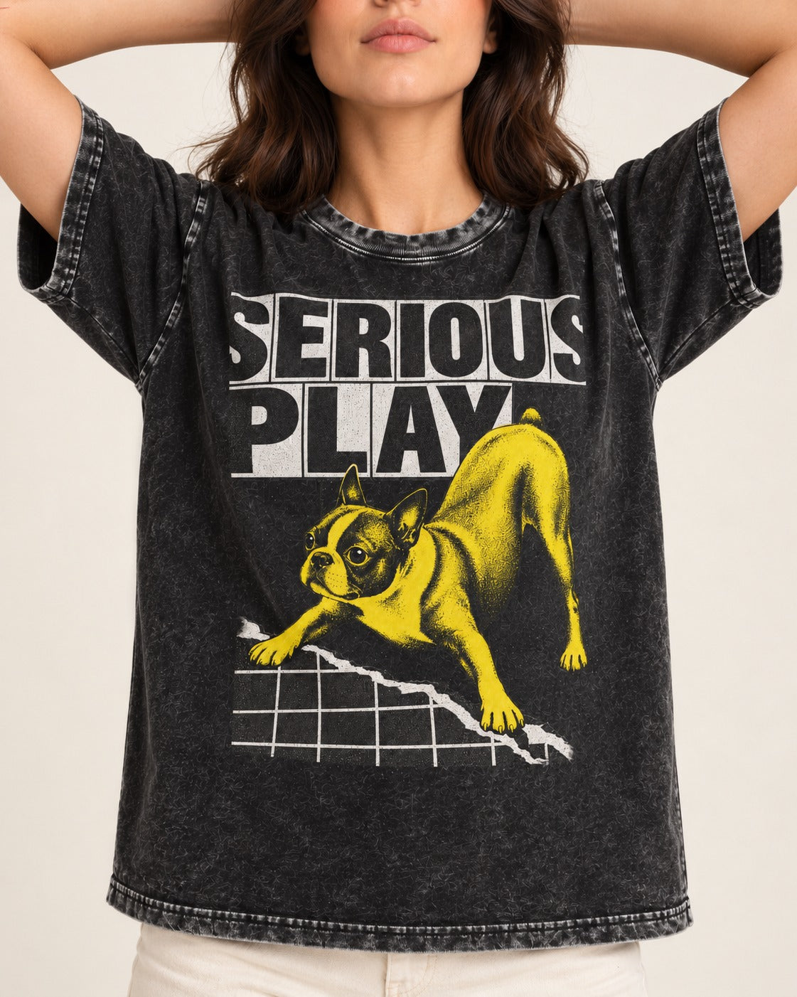 Boston Terrier Serious Play Agility Graphic Washed Tee in Black, worn by a model, front view