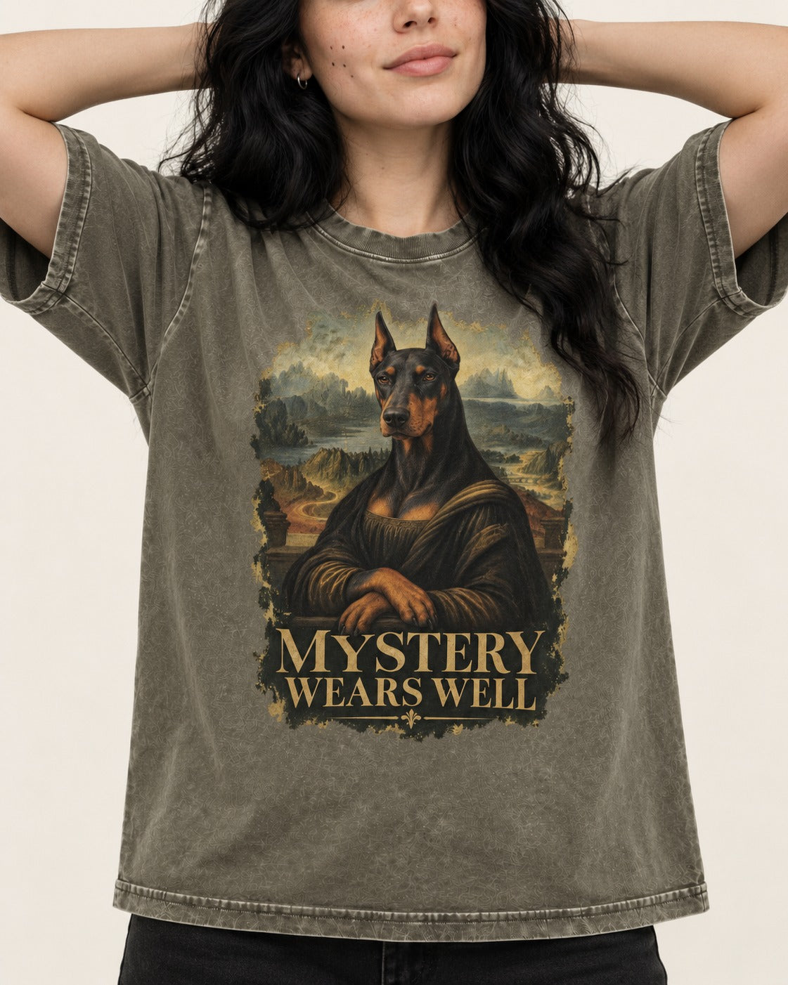 Doberman Mystery Wears Well Renaissance Portrait Graphic Washed Tee in Army Green, worn by a model, front view