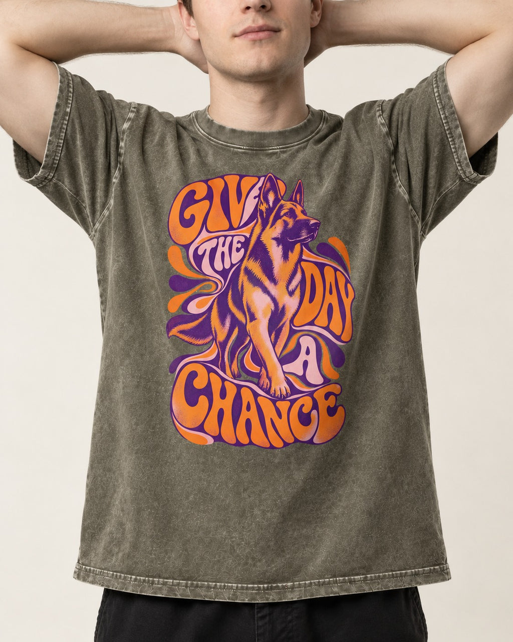Give The Day A Chance Psychedelic German Shepherd Dog Graphic Washed Tee in Army Green, worn by a model, front view